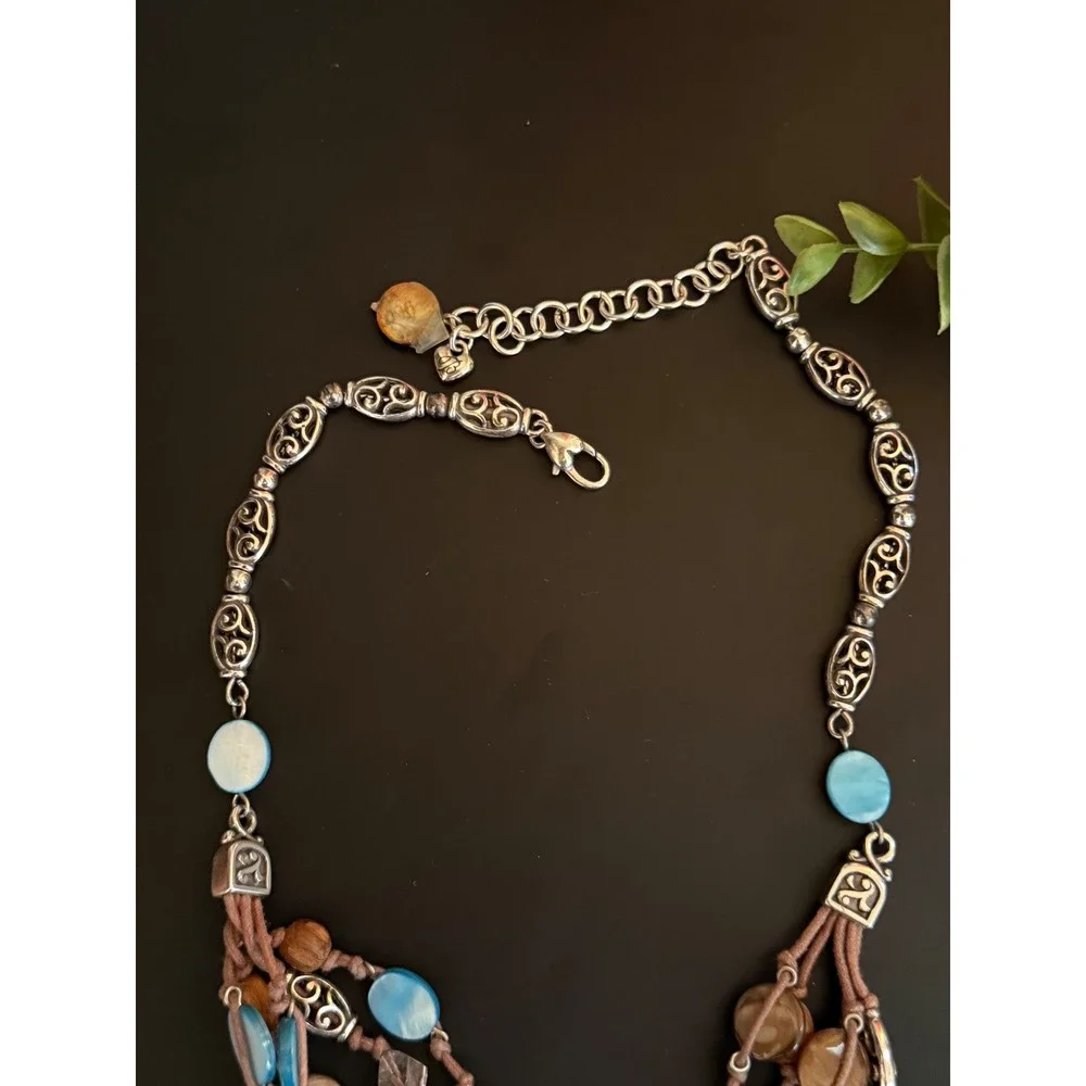 Brighton Multi Strand Shell Wood Bead Necklace Silver Tone Blue Brown 18-20
